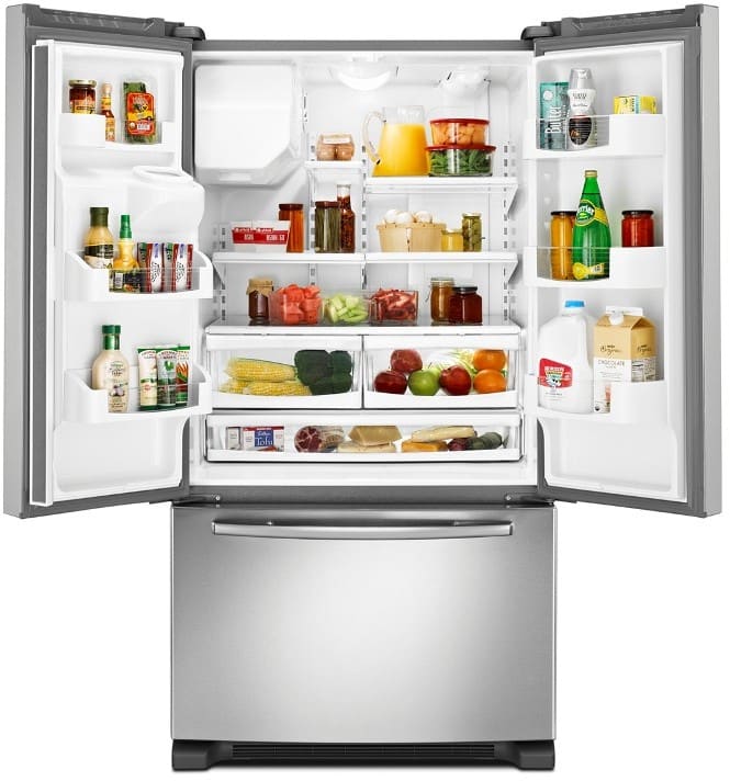 Maytag Mfi2665xem 25 5 Cu Ft French Door Refrigerator With 4 Spill Catcher Glass Shelves 2 Freshlock Crispers Smoothclose Freezer Drawer And External Water Ice Dispenser Monochromatic Stainless Steel