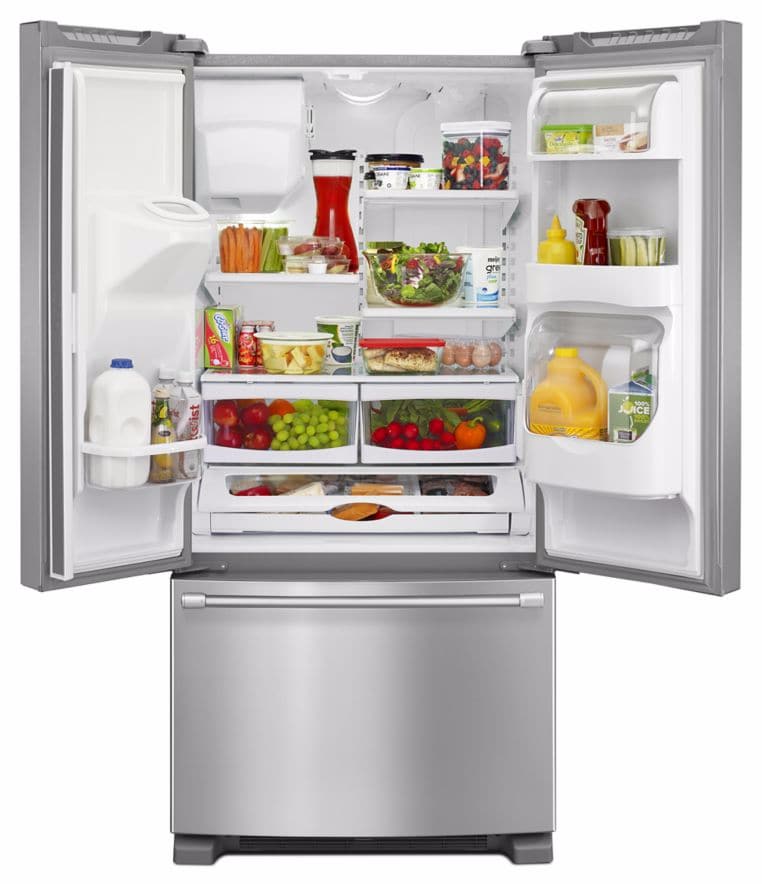 Maytag Mfi2269drm 33 Inch French Door Refrigerator With 21 7 Cu Ft Capacity 4 Spill Catcher Glass Shelves Gallon Door Storage Temperature Controlled Beverage Chiller Powercold Feature Exterior Ice And Water Dispenser And Factory Installed
