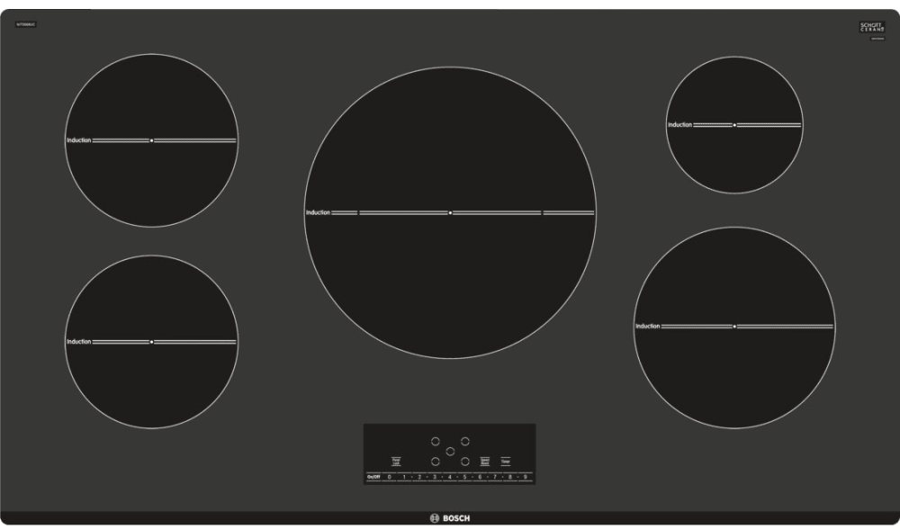 Bosch Nit5668uc 36 Inch Induction Cooktop With 5 Elements Ceramic Glass Surface Dual Ring Center Element 17 Power Levels Speedboost Potsense Independent Countdown Timer Childlock And 2 Stage Residual Heat Indicator