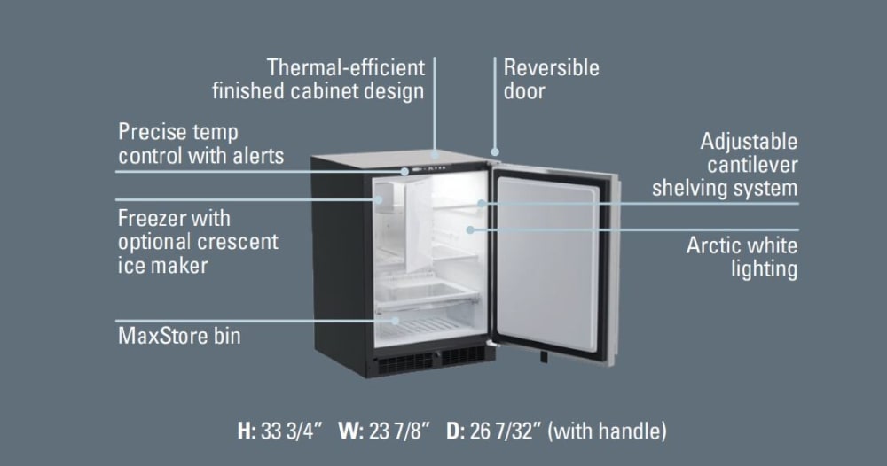 Marvel MLRF224SS01A 24 Inch Built-In Undercounter Freezer Refrigerator with 5.9 Cu. Ft. Total Capacity, 3 Glass Shelves, MaxStore Clear Bin, Dynamic Cooling Technology, LED Lighting, Reversible Door, Sabbath Mode, and ENERGY STAR® Certified: Solid Stainless Steel