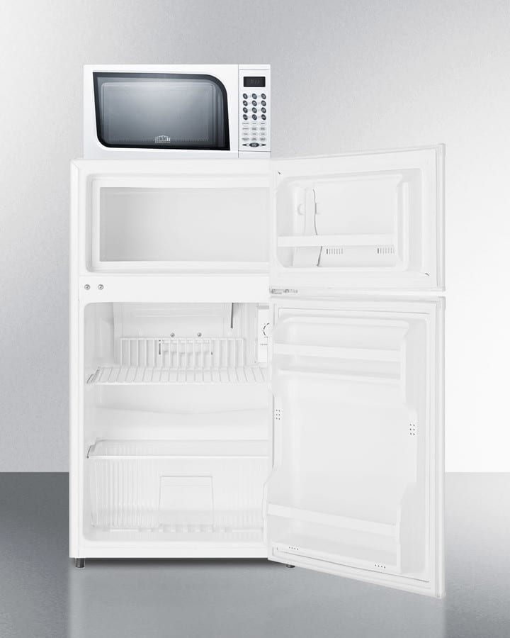 Summit MRF351W 19 Inch Compact Top-Freezer Refrigerator with 2.9 cu. ft. Capacity, Microwave Oven, Wire Shelf, Produce Drawer, 2 Door Shelves, Freezer Door Shelf, Cycle Defrost and Reversible Door Swings