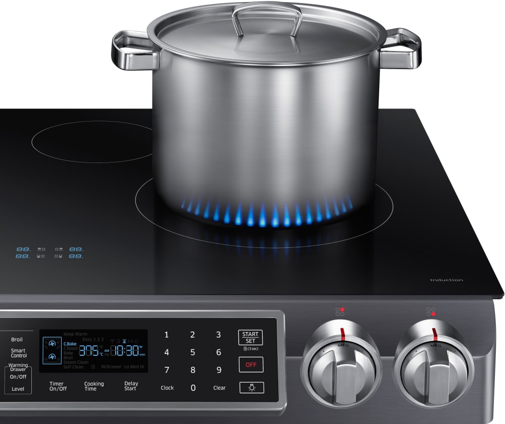 Samsung NE58R9560WG 30 Inch Induction Slide in Range with 4 Induction Elements 5.8 cu. ft. Dual Fan Convection Oven Virtual Flame Technology WiFi Connectivity Delay Start Steam Self Cleaning Mode Warm...