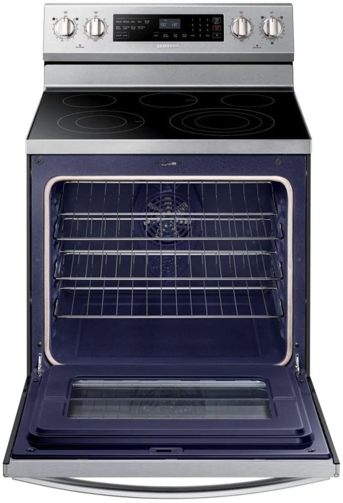Samsung NE59R6631SS Freestanding Electric Range with 5 Element Flexible Cooktop True Convection Oven Rapid Boil Triple Ring Element Steam Clean Self Clean Touch Controls Warming Center Storage Drawer ...