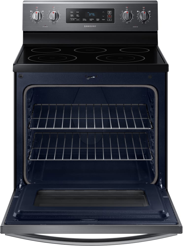 Samsung NE59T4311SG 30 Inch Freestanding Electric Range with 5 Radiant Ceramic Elements, 5.9 Cu. Ft Oven Capacity, Dual Ring Elements, Storage Drawer, Self Clean, Child Lock, Delay Bake, Sabbath Mode, and Star-K Certified: Fingerprint Resistant Black Stainless Steel
