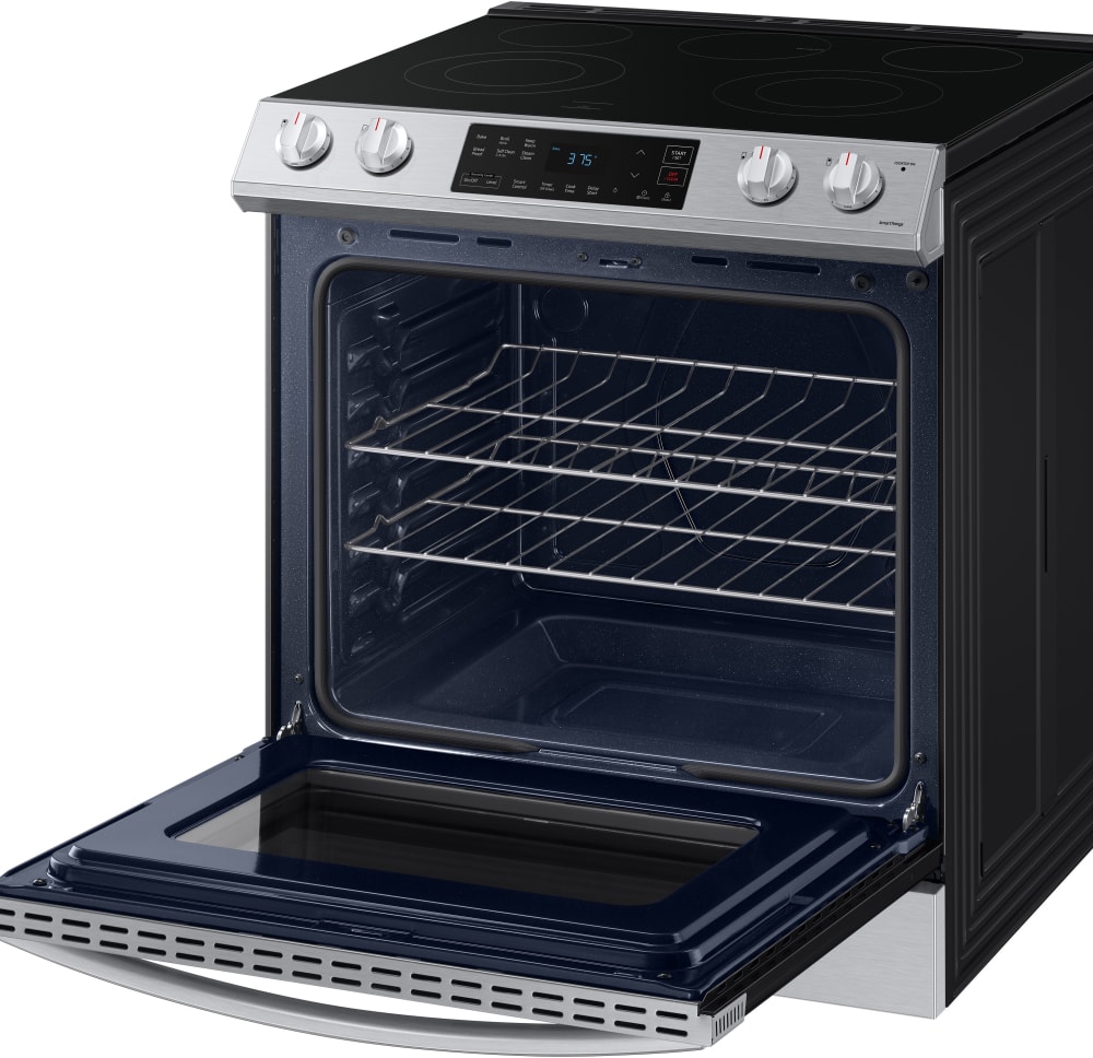 Samsung NE63T8111SS 30 Inch Slide-In Electric Smart Range with 5 Element Cooktop, 6.3 Cu. Ft. Oven Capacity, Storage Drawer, Hidden Bake Element, Self+Steam Clean, WiFi, Sabbath Mode, CSA Certified, Star-K Certified, and ADA Compliant: Fingerprint Resistant Stainless Steel