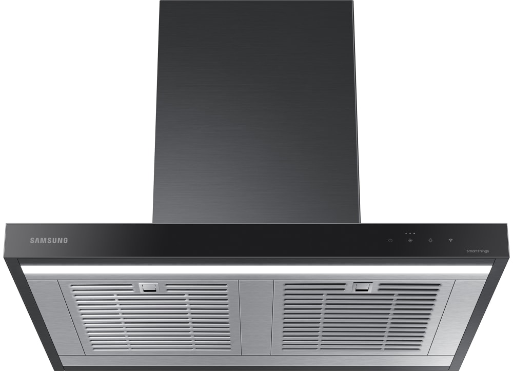 Samsung NK30CB600W33 30 Inch Smart Wall Mount Chimney Range Hood with 630 CFM Fan 4 Speeds 52 dBA Wi Fi Connectivity LED Bar Lighting Touch Controls Dishwasher Safe Baffle Filters and ADA Compliance