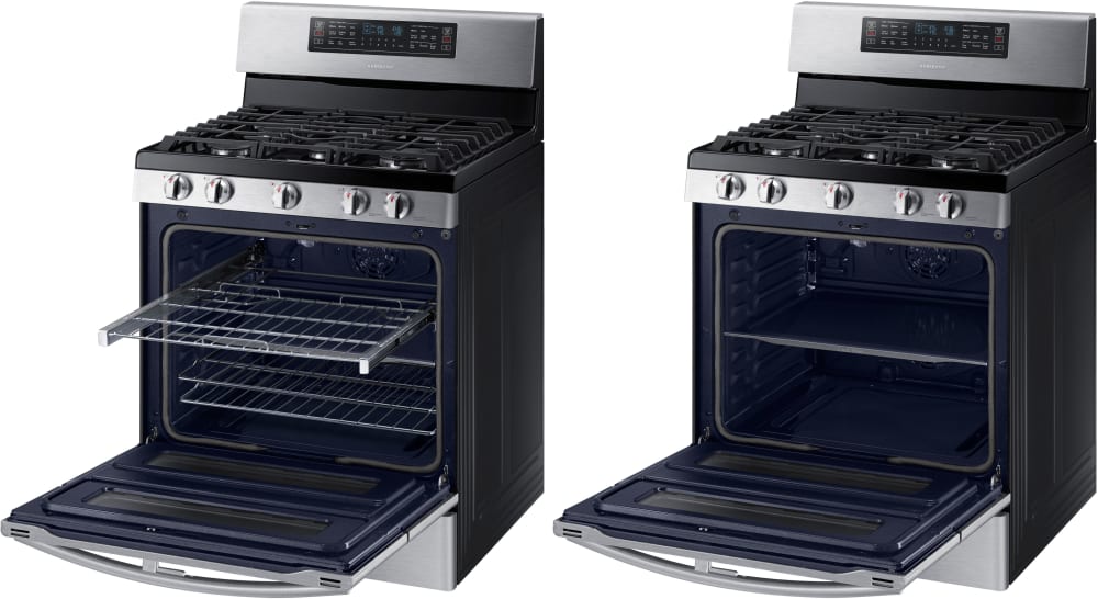 Samsung NX58K7850SS 30 Inch Flex Duo Gas Range with Dual Doors, 5.8 cu. ft. Oven Capacity, 5 Sealed Burners, 18,000 BTU Double Stacked Burner, Griddle, Wok Grate, Soft Close Door, Wi-Fi Connectivity, Storage Drawer, Self-Clean and Sabbath Mode: Stainless Steel