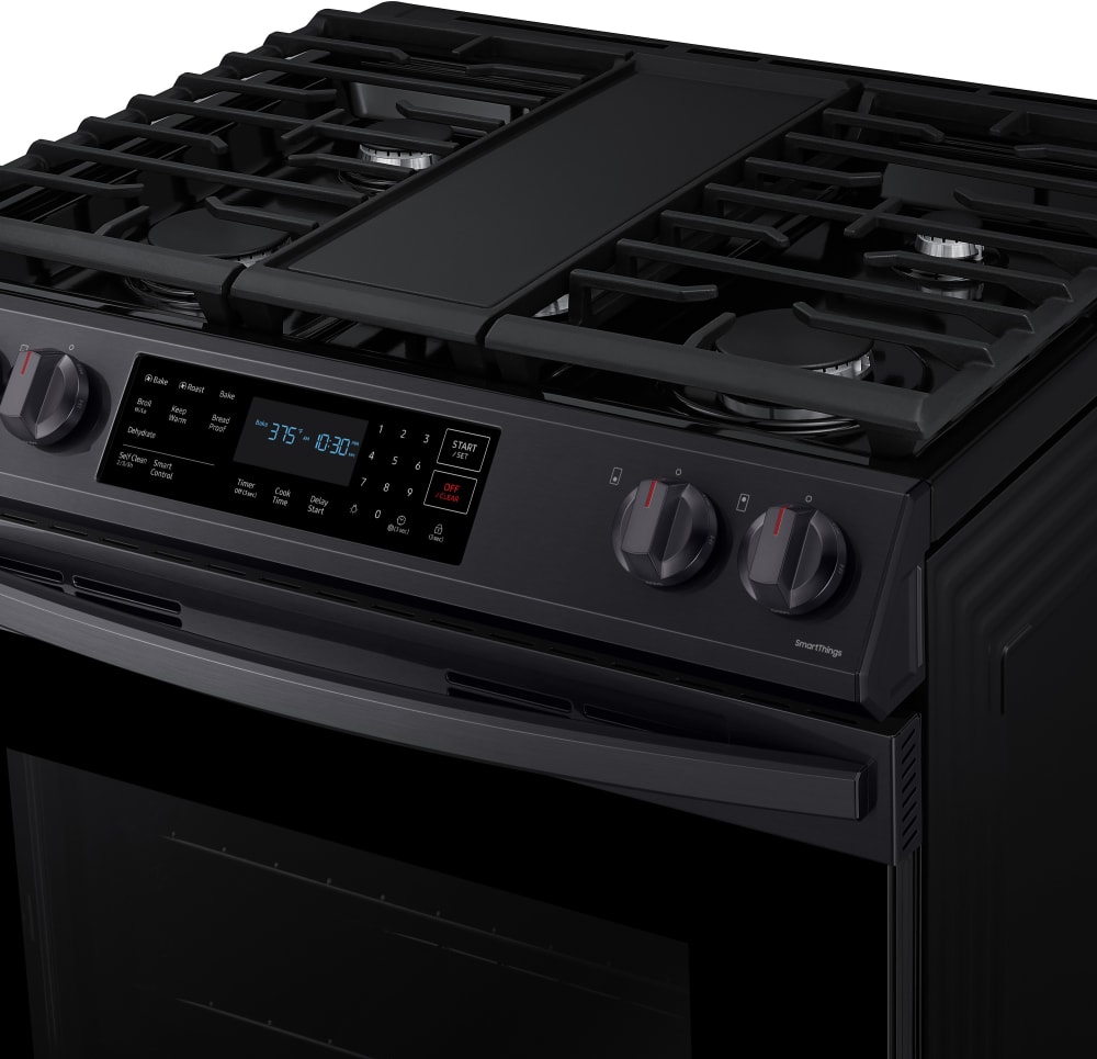 Samsung NX60T8311SG 30 Inch Slide In Gas Smart Range with 5 Sealed Burners 6 Cu. Ft. Oven Capacity Storage Drawer Self Clean Integrated Cast Iron Griddle Ready2Fit Guarantee and Star K Certified Finge...