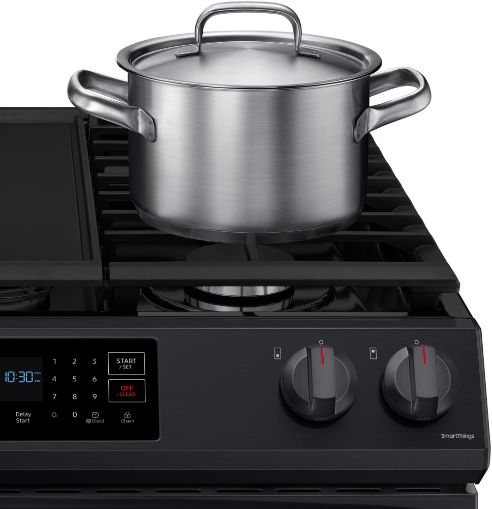 Samsung NX60T8311SG 30 Inch Slide In Gas Smart Range with 5 Sealed Burners 6 Cu. Ft. Oven Capacity Storage Drawer Self Clean Integrated Cast Iron Griddle Ready2Fit Guarantee and Star K Certified Finge...