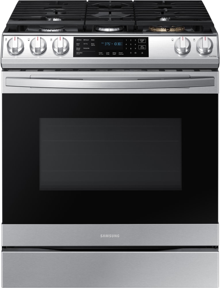 Samsung NX60T8511SS 30 Inch Slide-In Smart Gas Range with 5 Sealed Burners, 6.0 Cu. Ft. Oven Capacity, Storage Drawer, Edge-to-Edge Grates, Self Clean, Air Fry, Convection, Power Burner, Sabbath Mode, ETL Listed, Star-K Certified, and ADA Compliant: Fingerprint Resistant Stainless Steel