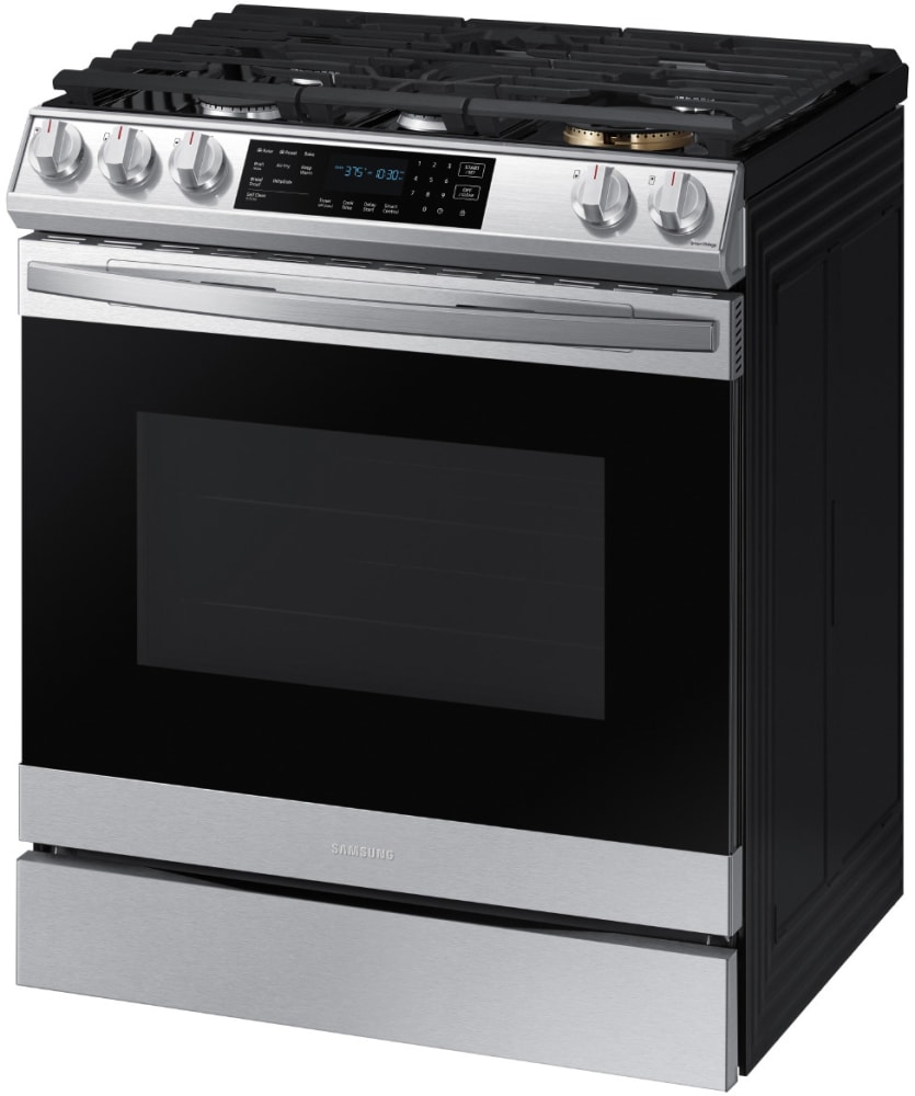 Samsung NX60T8511SS 30 Inch Slide-In Smart Gas Range with 5 Sealed Burners, 6.0 Cu. Ft. Oven Capacity, Storage Drawer, Edge-to-Edge Grates, Self Clean, Air Fry, Convection, Power Burner, Sabbath Mode, ETL Listed, Star-K Certified, and ADA Compliant: Fingerprint Resistant Stainless Steel