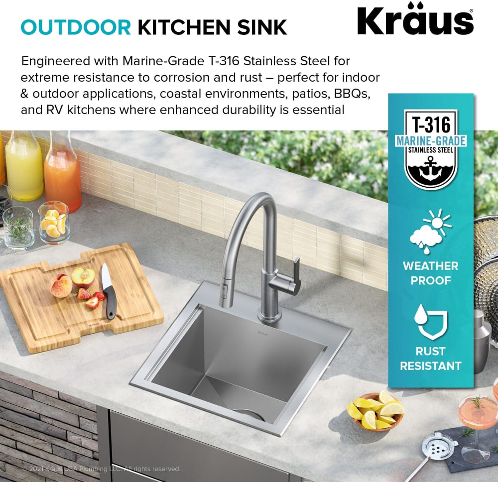 Kraus KWT32115316 15 Inch Kore™ Top Mount Drop In Outdoor Workstation Single  Bowl Kitchen Sink with Accessories, 16 Gauge Marine Grade T-316 Stainless  Steel, Built-In Ledge, Rear Set Drain, Rust-Resistant Finish, and