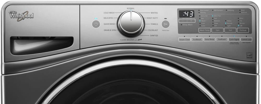 Whirlpool WFW90HEFC 27 Inch 4.2 cu. ft. Front Load Washer with 11 Wash Cycles, 1,200 RPM, Steam Clean, Smooth Wave Stainless Steel Basket, Precision Dispense, Adaptive Wash Technology and ENERGY STAR Chrome Shadow