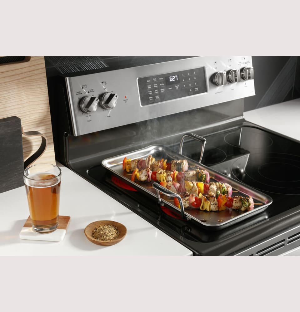 GE PB935YPFS 30 Inch Freestanding Electric Smart Range with 5 Element Burners 5.3 Cu. Ft. Oven Capacity Storage Drawer True Convection with Precise Air No Preheat Air Fry Enhanced Shabbos Mode Capable