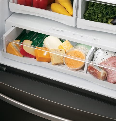 GE PFD28KBLTS 36 Inch French Door Refrigerator with 22.1 cu. ft. Capacity Door in Door Hands free Autofill Temperature Controlled Drawer Quick