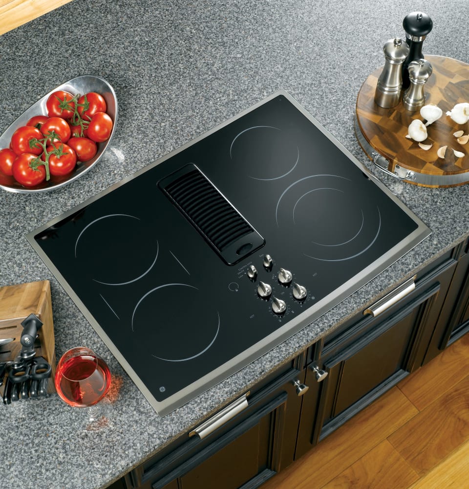 GE PP989SNSS 30 Inch Smoothtop Electric Downdraft Cooktop with 400 CFM, 3Speed Fan, 4 Ribbon