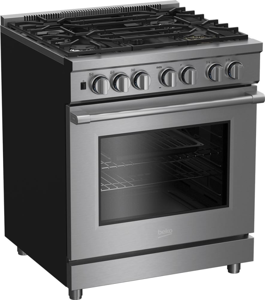 Beko PRGR34550SS 30 Inch Freestanding Professional Gas Range with 5 Sealed Burners, 5.7 Cu. Ft. Oven Capacity, Continuous Grates, Self-Clean, Telescopic Rack, XL Cooktop Surface, Auto Reignition, Sabbath Mode, and 10,000 BTU Central Burner: Stainless Steel