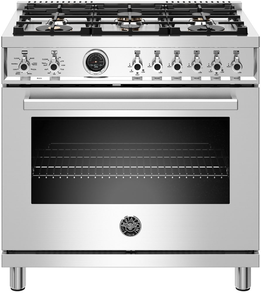 Bertazzoni Prof366dfsxt 36 Inch Freestanding Professional Dual Fuel Range With 6 Sealed Burners 5 7 Cu Ft Oven Capacity Continuous Grates Self Clean Elegant Digital Gauge 19000 Btu Power Burners And Csa Certified Stainless Steel
