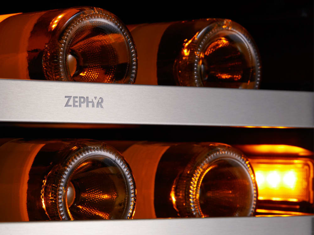 Zephyr Prw24c32ag 24 Inch Dual Zone French Door Wine Cooler With Zephyr Presrv Prw24c32ag Amber Led Lights