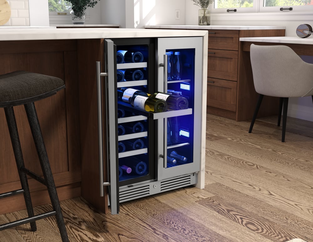 Zephyr PRWB24C32CG 24 Inch Dual Zone French Door Wine & Beverage Cooler  with 5.2 Cu. Ft. Capacity, PreciseTemp™, Active Cooling Technology,  Vibration Dampening, 3-Color LED Lighting, Full Extension Wood Racks,  Sabbath Mode