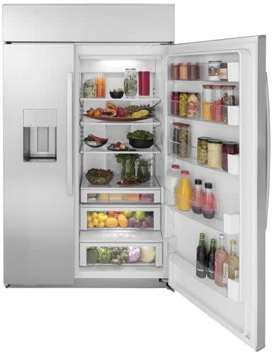 GE PSB48YSNSS 48 Inch Built In Side by Side Smart Refrigerator with 28.7 Cu. Ft. Capacity, Spill-Proof Glass Shelves, Multi-Level Drawers, Climate Controlled Drawer, Door Alarm, WiFi, Enhanced Shabbos Mode Capable, and Filtered Water/Ice Dispenser