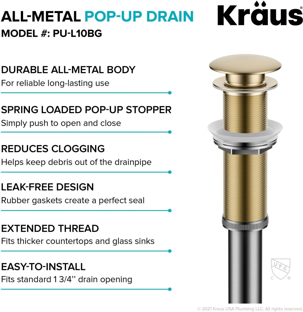 Kraus PUL10BG Pop Up Drain for Bathroom Sink with Extended Thread, LeakFree Design, Durable
