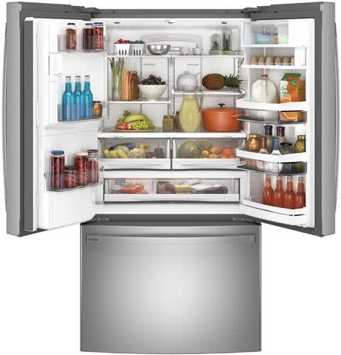 GE PYE22PYNFS 36 Inch Counter Depth French Door Smart Refrigerator with 22.2 cu. ft. Capacity, Keurig K-Cup System, TwinChill, Electronic Temperature Drawer, Enhanced Shabbos Mode Capable, WiFi, External Ice/Water Dispenser, ADA Compliant, and ENERGY STAR® Qualified: Fingerprint Resistant Stainless Steel