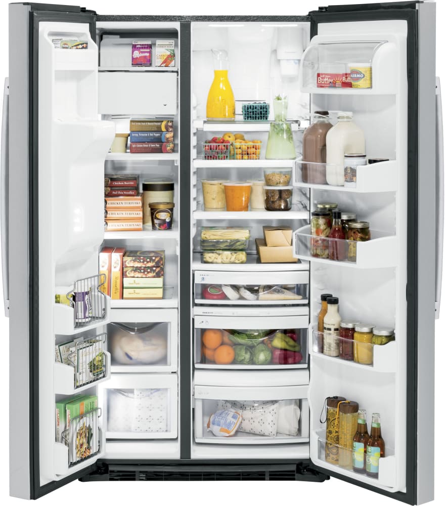 GE PZS22MYKFS 36 Inch Counter Depth Side by Side Refrigerator with 21.9 Cu. Ft. Capacity, Adjustable Spillproof Glass Shelves, Filtered Water, Child Lock, Door Alarm, Showcase LED Lighting, Turbo Cool/Quick Ice Settings, and Enhanced Shabbos Mode Capable