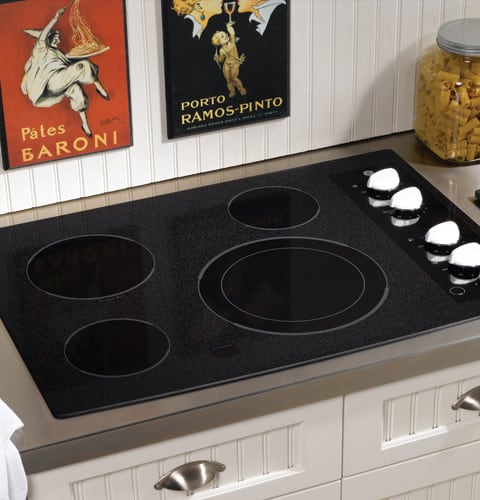 GE JP356WMWW 30 Smoothtop Electric Cooktop with 4 Ribbon Elements, 9/12  Dual Element, PowerBoil Burner, Melt Option and ADA Compliant: Black  Surface with White Accents