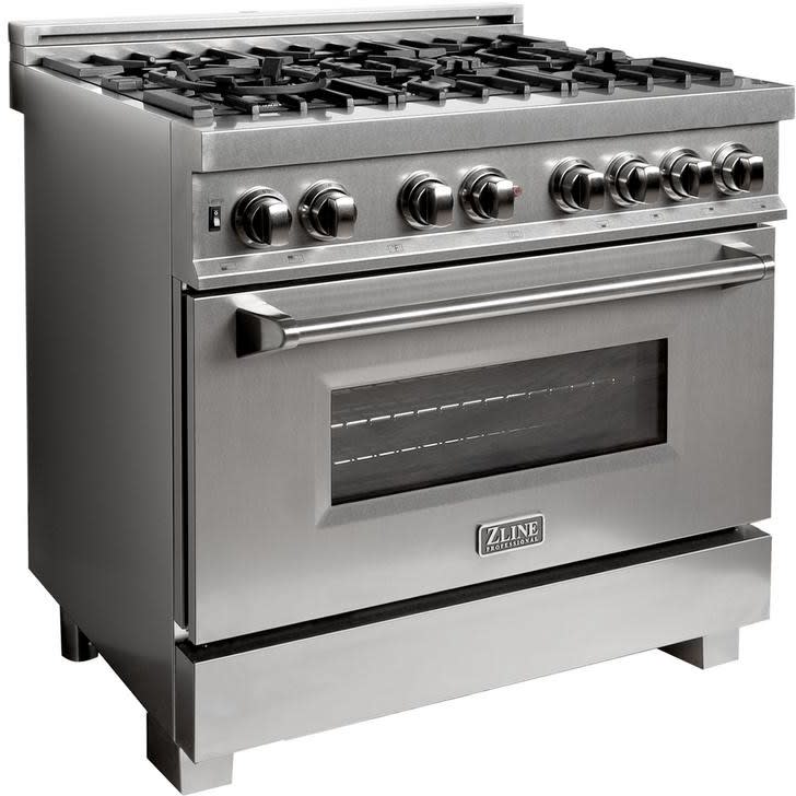 ZLINE RASSN36 36 Inch Freestanding Professional Dual Fuel Range with 6 Sealed Burners, 4.6 Cu. Ft. Oven Capacity, Continuous Grates, Convection Oven, Triple Layer Glass Oven, Stay-Put Hinges, Adjustable Legs, and Cast Iron Grill: Snow Finished Stainless Steel