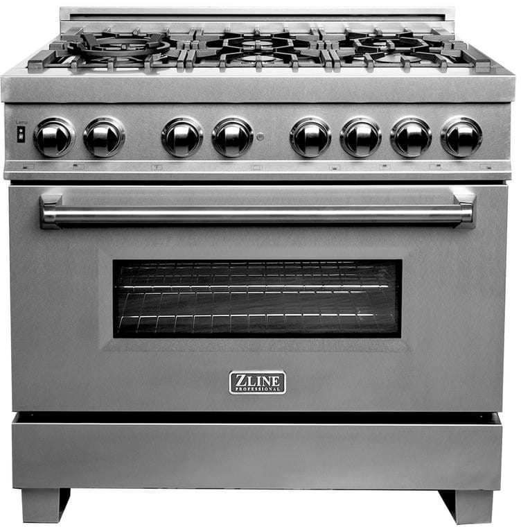 ZLINE RASSN36 36 Inch Freestanding Professional Dual Fuel Range with 6 Sealed Burners, 4.6 Cu. Ft. Oven Capacity, Continuous Grates, Convection Oven, Triple Layer Glass Oven, Stay-Put Hinges, Adjustable Legs, and Cast Iron Grill: Snow Finished Stainless Steel