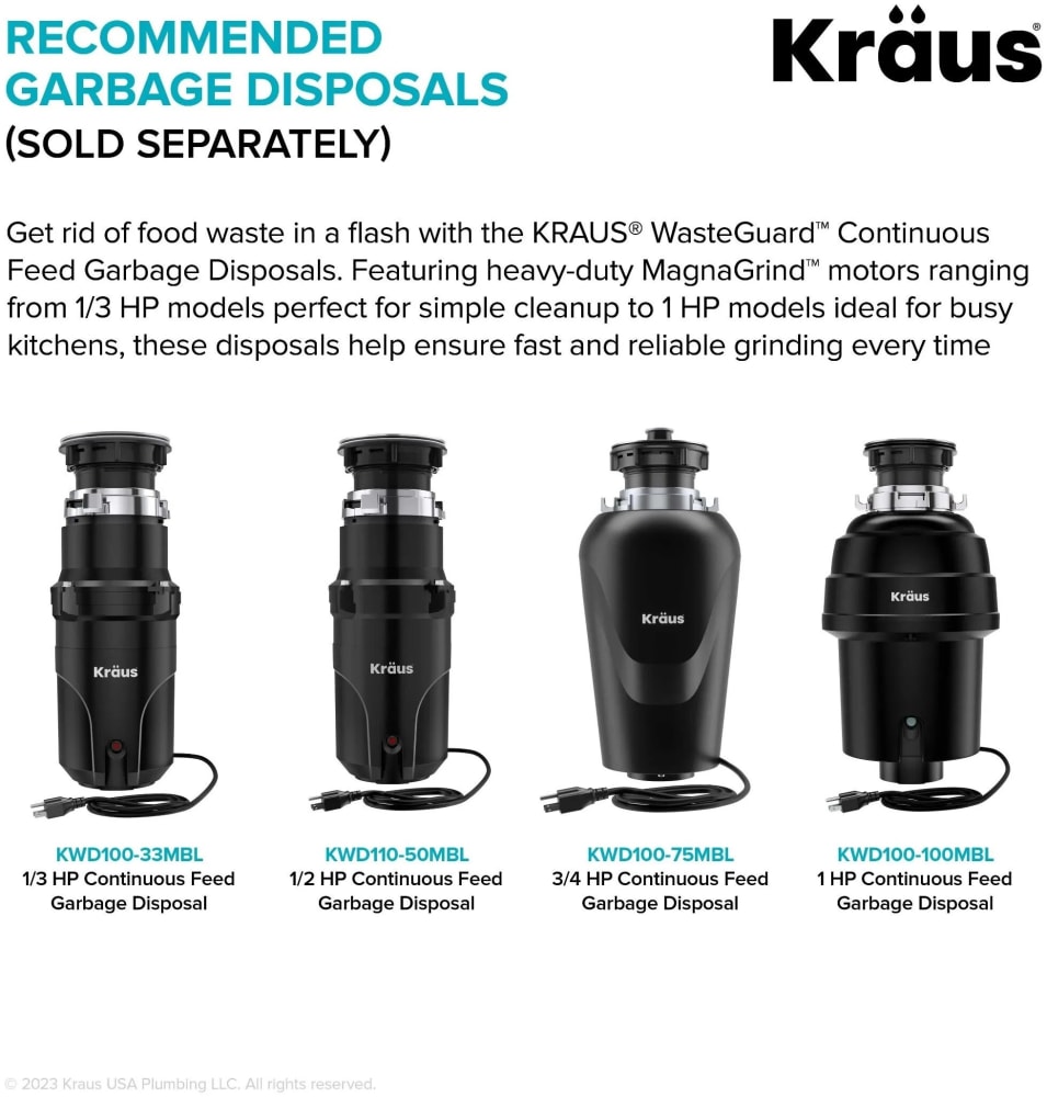 KRAUS Garbage Disposal Air Switch Kit – Stainless Steel Push Button, AC Adapter, 60" Air Tube, 40" Power Cord, KWDA-200SFS