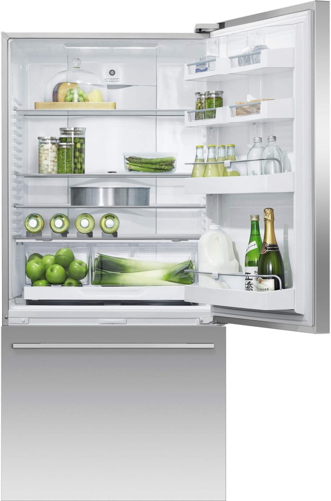 Fisher & Paykel RF170WDRJX5 32 Inch Freestanding Bottom Mount Refrigerator with 17.1 Cu. Ft. Total Capacity, ActiveSmart™ Foodcare, Internal Ice Maker, Flexible Storage, Humidity Control, Design Quality, Easy Cleaning, Sabbath Mode, and Energy Star Certified