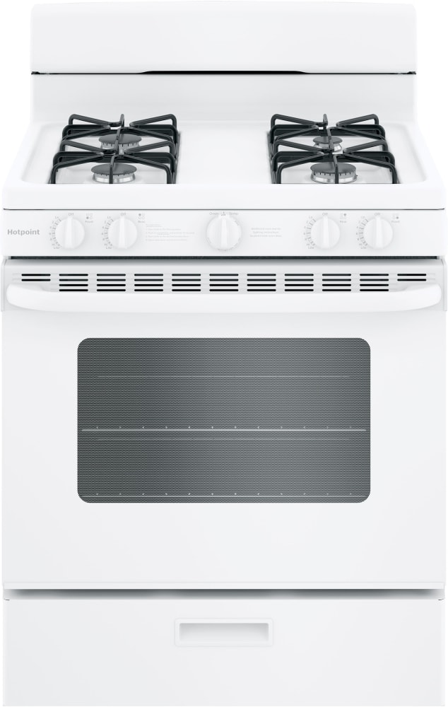 Hotpoint RGBS200DMWW 30 Inch Freestanding Gas Range with 4.8 Cu. Ft. Oven Capacity, Porcelain Upswept Cooktop, Heavy Steel Grates, Broiler Drawer, and Cordless Battery Ignition