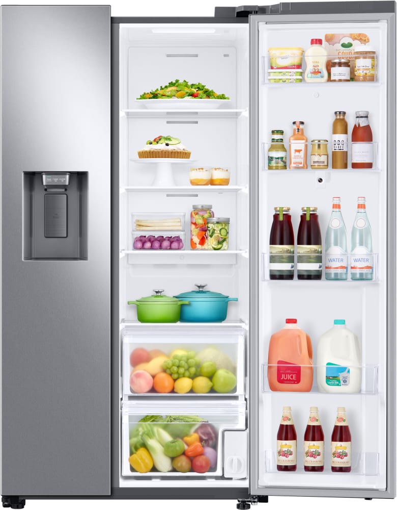 Samsung RS22T5561SR 36 Inch Counter Depth Side by Side Smart Refrigerator with 21.5 Cu. Ft. Capacity, 21.5" Touchscreen Family Hub™, External Filtered Water/Ice Dispenser, WiFi, Indoor Camera, Door Alarm, and Energy Star Rated: Fingerprint Resistant Stainless Steel