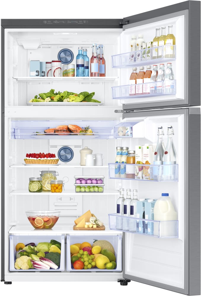 Samsung RT21M6213SR 33 Inch Freestanding Top Mount Freezer Refrigerator with Twin Cooling Plus™, FlexZone™, Slide & Reach Pantry, Reversible Door, 21 cu. ft. Capacity, Energy Star® Rated and Star-K Certified: Stainless Steel