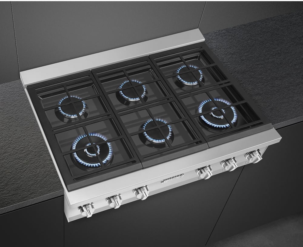Smeg RTU366GX 36 Inch Gas Rangetop with 6 Burners Two 18000 BTU Super Burners Cast Iron Continuous grates Ultra low profile or flush mount