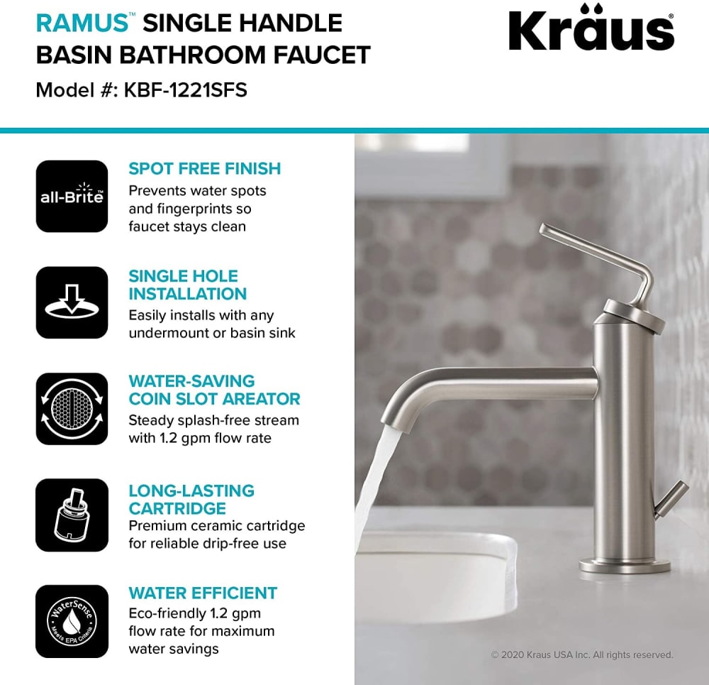 Kraus KBF1221SFS Single Handle Lever Basin Bathroom Faucet with 