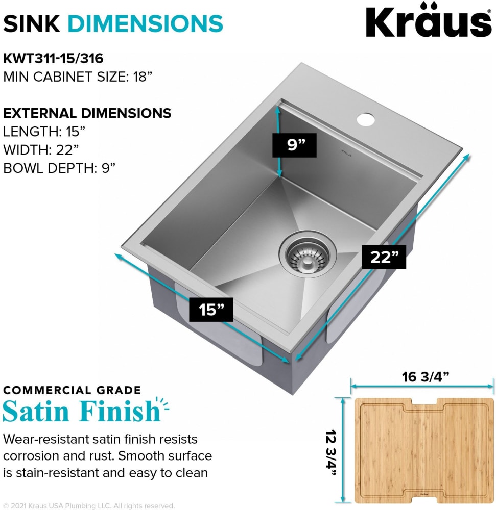 Kraus KWT311-15-316 Kore 15 inch Outdoor Workstation Drop-In 16 Gauge Marine Grade T-316 Stainless Steel Single Bowl Kitchen Bar Sink with Accessories