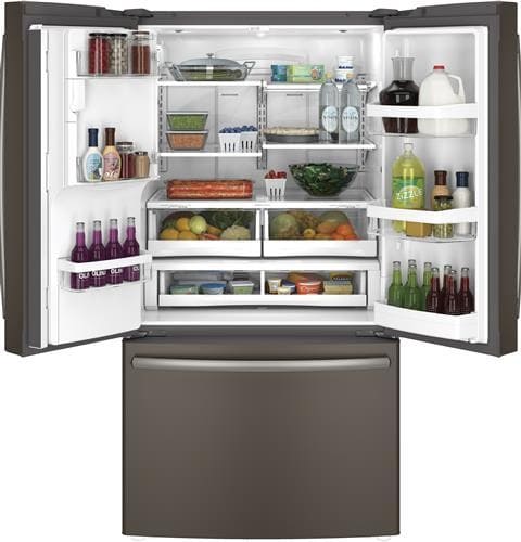 GE GFE28HMHES 36 Inch French Door Refrigerator with 27.7 cu. ft. Capacity 4 Adjustable Glass Shelves Gallon Storage TwinChill Evaporators Turbo Cool and Freeze External Ice and Water Dispenser Advance...