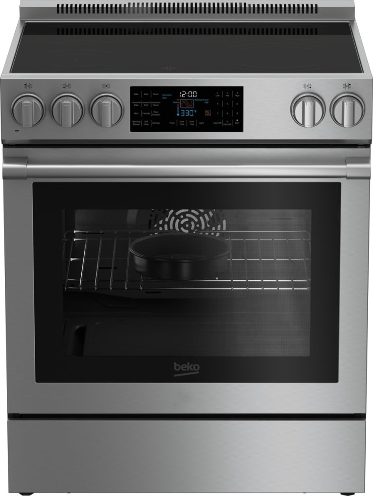 Beko SLER30530SS 30 Inch Slide-In Electric Range with 5 Smooth Top Elements, 5.7 Cu. Ft. True European Convection Oven, Warming Drawer, Self Clean, and Auto Reignition