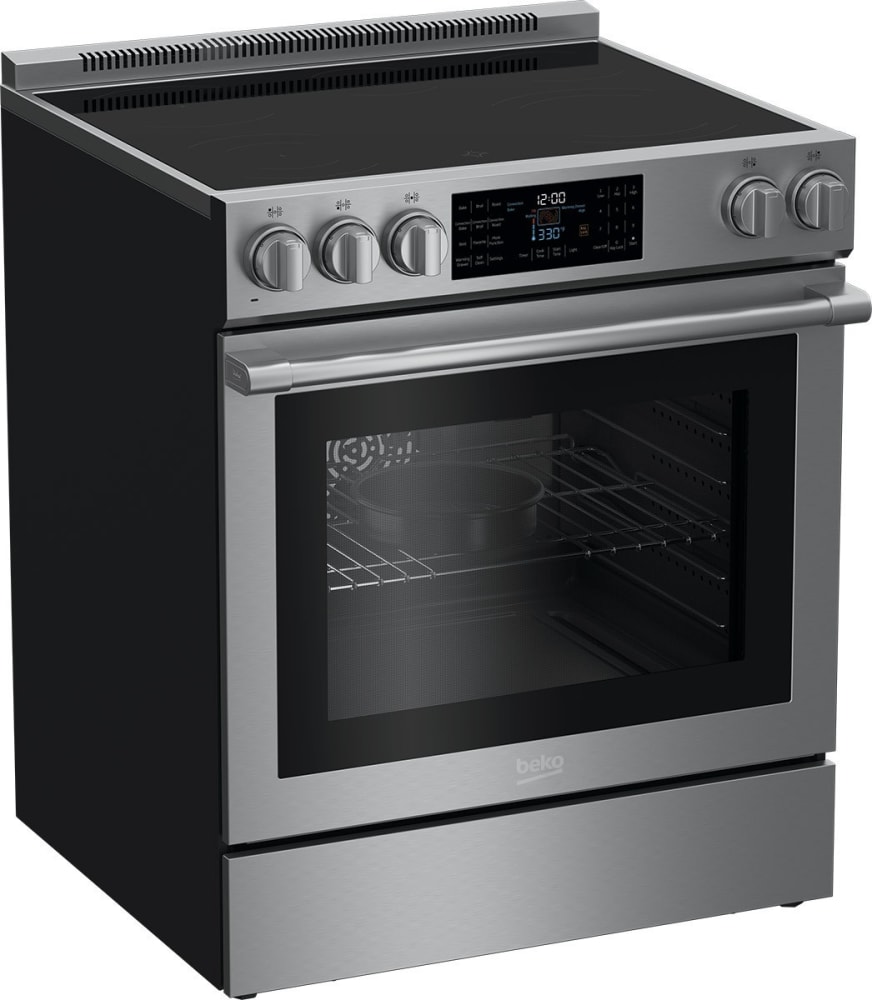 Beko SLER30530SS 30 Inch Slide-In Electric Range with 5 Smooth Top Elements, 5.7 Cu. Ft. True European Convection Oven, Warming Drawer, Self Clean, and Auto Reignition