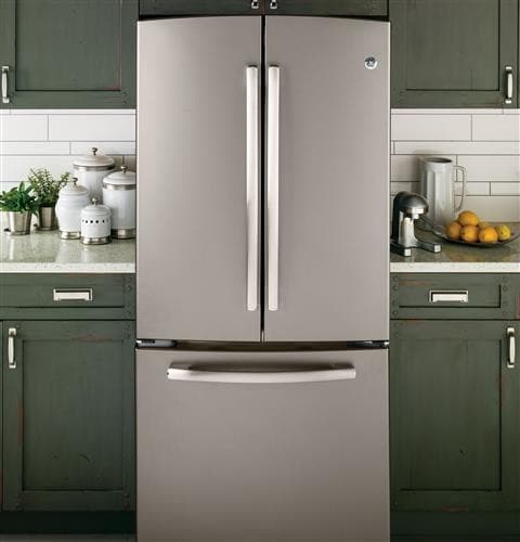 GE GNS23GMHES 33 Inch French Door Refrigerator with 22.7 cu. ft. Capacity 3 Adjustable Glass Shelves Gallon Storage Quick Freeze Shelf Upfront Temperature Controls Dual Level Interior Lighting Interna...