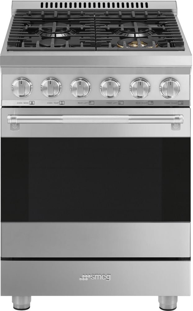 Smeg SPR24UGGX 24 Inch Freestanding Gas Range with 4 Burners, Storage Drawer, Continuous Grates, Large Grill, Bottom, and Convection Bottom