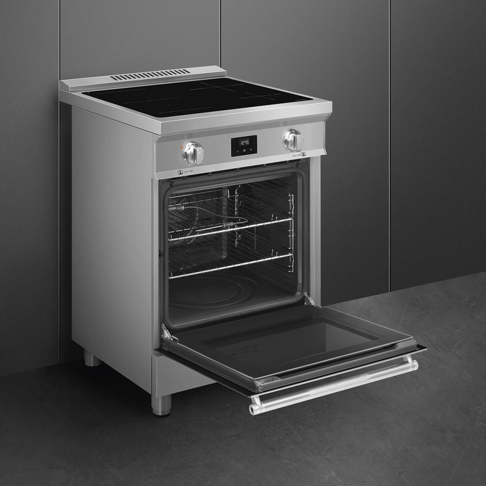 Smeg SPR24UIMX 24 Inch Freestanding Induction Range with 4 Elements 2.79 cu. ft. Oven Capacity Vapor Clean True European Convection and Residual Heat Indicator Stainless Steel