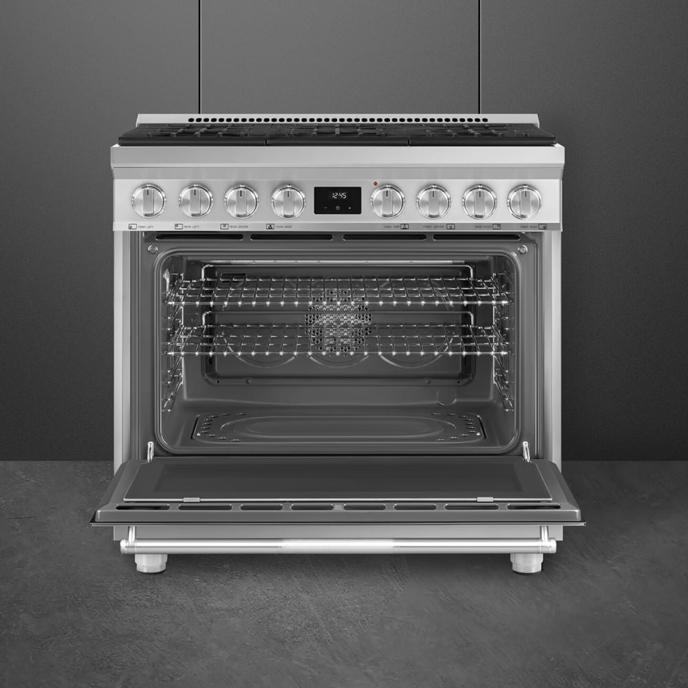 Smeg SPR36UGGX 36 Inch Freestanding Gas Range with 6 Sealed Burners Continuous Cast Iron Grates Convection Bottom and Soft Close System