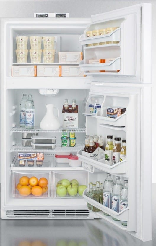 Summit BKRF15W 28 Inch Break Room Refrigerator with 14.75 cu. ft. Capacity, Adjustable Wire Shelves, Gallon Door Storage, Temperature Alarms, NIST Calibrated Thermometers, Adjustable Thermostat, Crisper Drawers and Frost-Free Operation