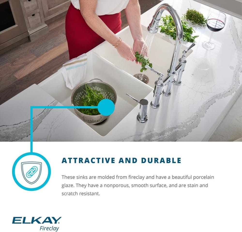 Elkay SWUF3320WH 33 Inch Farmhouse Double Bowl Kitchen Sink with Fireclay Material, Reversible