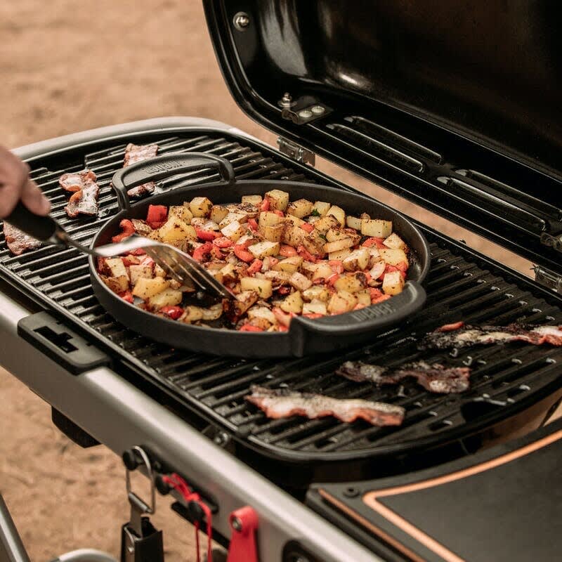 Weber 9011701 Weber Traveler RV Portable Gas Grill 320 sq. in. Total Cooking Area, Stainless Steel Burner, Cast-Iron Cooking Grates, Low-To-High Temperature Range, One-Handed Setup & Fold, Side Table, Tool