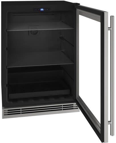 U-Line UHRE124SG01A 24 Inch Compact Refrigerator with 5.7 Cu. Ft. Capacity, 2 Tempered Glass Shelves, Slide-out Metal Shelf, Digital Touch Pad Control, LOW-E Argon Thermopane Glass Door, and Sabbath (Star K Certified): Stainless